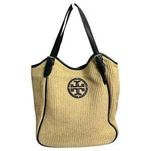 Tory Burch Raffia Ella Tote Purse Black Leather - READ